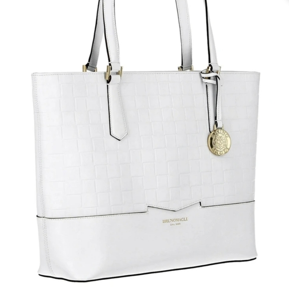14KT Gold Plated Italian Bruno Magli Leather Woven Embossed Tote NWTs and Duster - Picture 3 of 11